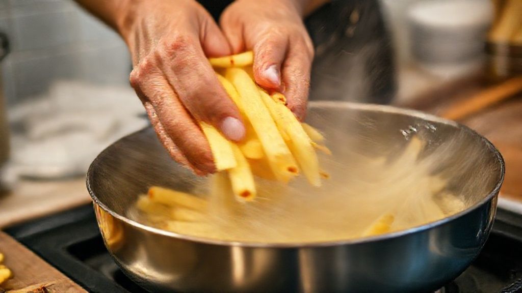 Mãos secando as batatas e mergulhando-nas no óleo quente durante o preparo.