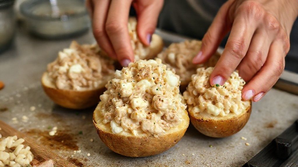 Mãos recheando batatas com frango cremoso antes de levar ao forno