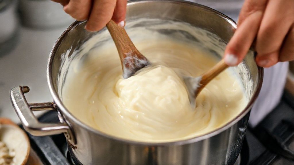 Mãos mexendo a mistura cremosa de leite condensado e coco em uma panela de fundo grosso durante o cozimento