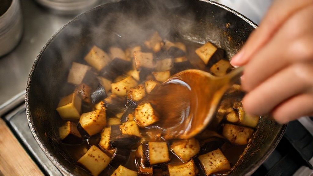 Mãos empanando pedaços de berinjela e mexendo molho de missô em uma panela pequena