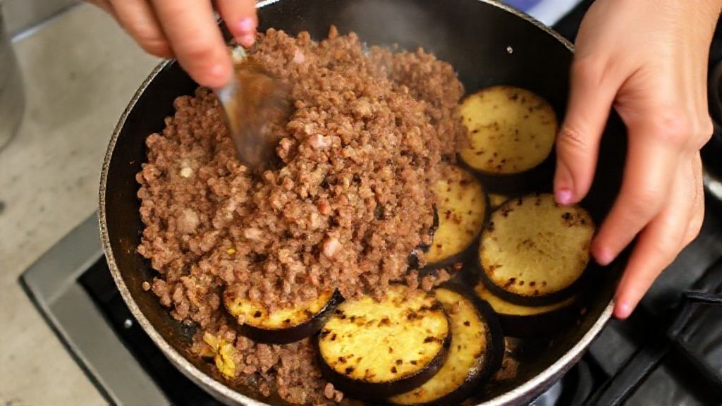 Mãos refogando a carne moída e grelhando fatias de berinjela durante o preparo