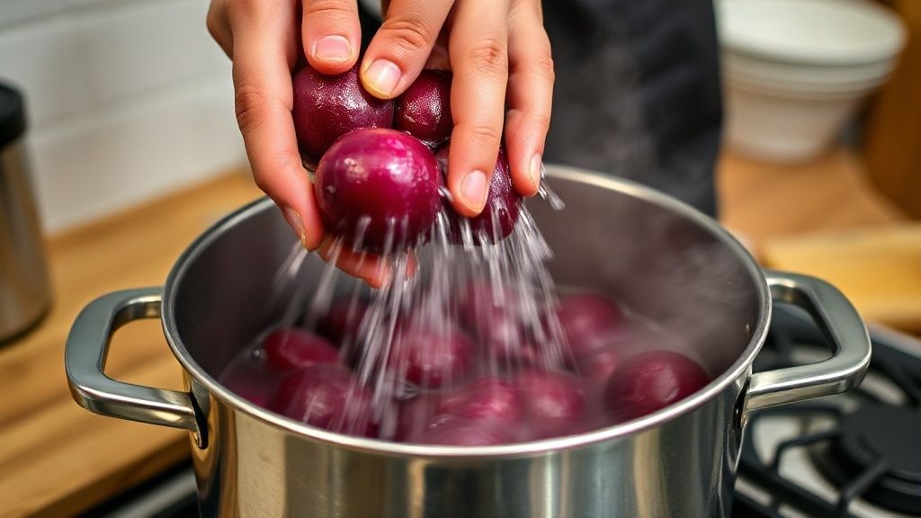 Mãos lavando e colocando beterrabas em panela com água, durante o cozimento
