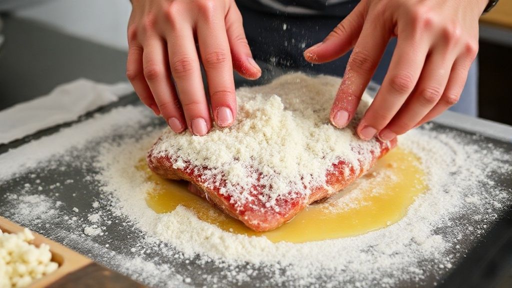 Mãos empanando o bife em sequência de farinha, ovo e farinha de rosca