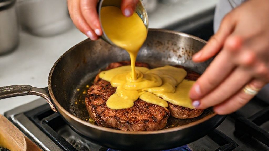 Mãos dourando o bife na frigideira e adicionando o molho cremoso de mostarda