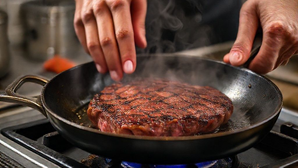 Mãos virando o bife de chorizo na frigideira quente durante a selagem, com fumaça e crosta se formando.