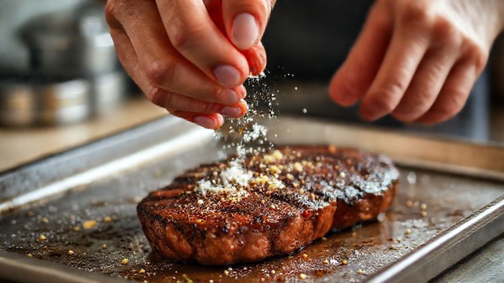 Mãos temperando os bifes de chorizo com sal, pimenta e alho antes de levá-los ao forno