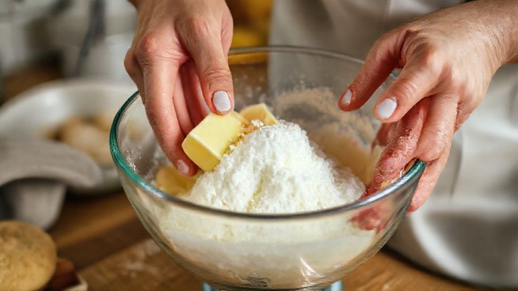 Mãos misturando a massa cremosa de manteiga e açúcar em uma tigela durante o preparo