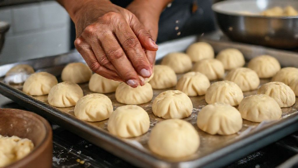 Mãos moldando a massa de biscoito de mandioca, com tigela e ingredientes ao fundo.