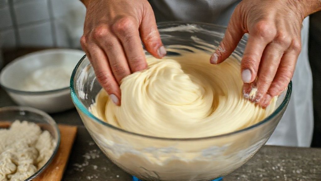 Mãos misturando o polvilho escaldado em tigela grande durante o preparo da massa