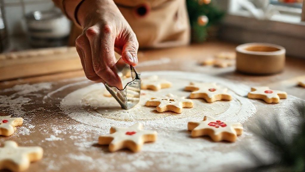 Mãos abrindo a massa e cortando biscoitos com moldes natalinos antes de assar.