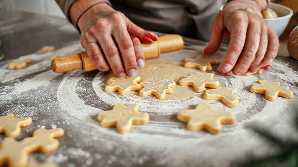 Mãos abrindo a massa de biscoito com rolo e cortando formatos natalinos com cortadores de metal