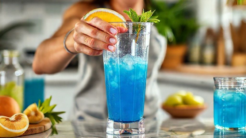 Mãos batendo a mistura azul no liquidificador, mostrando o preparo do coquetel tropical.