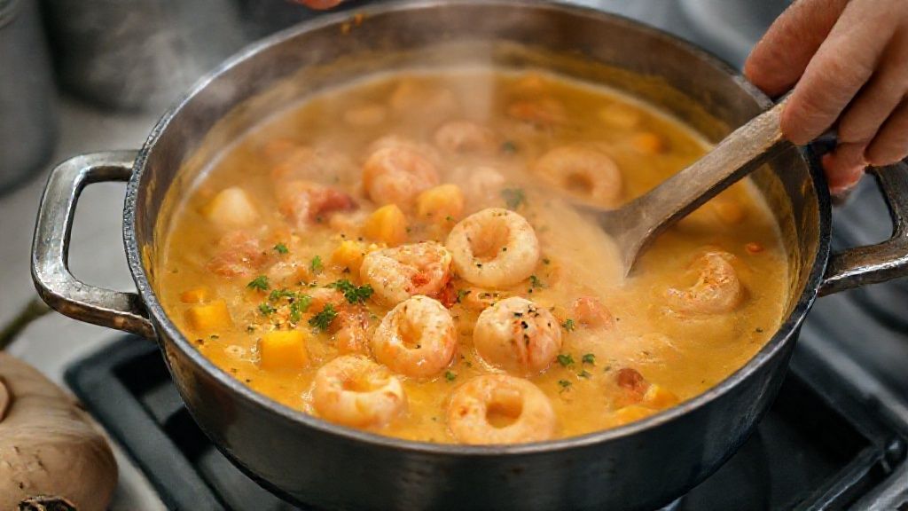 Mãos refogando os temperos e adicionando o camarão à panela com o creme de abóbora
