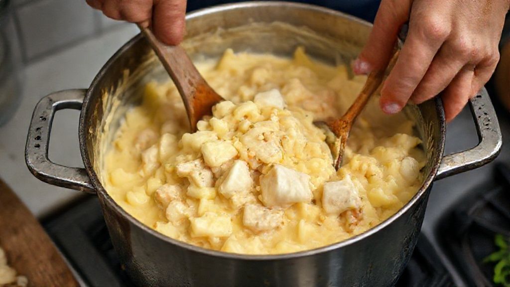 Mãos mexendo o creme de mandioca com bacalhau e legumes em panela grande