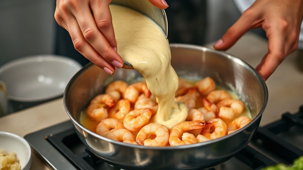 Mãos adicionando o creme de mandioca ao refogado de camarão durante o preparo da receita