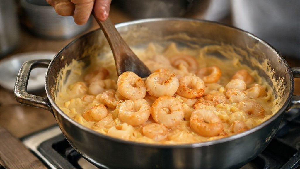 Mãos mexendo panela grande com creme de mandioca e camarões dourando, mostrando o preparo tradicional