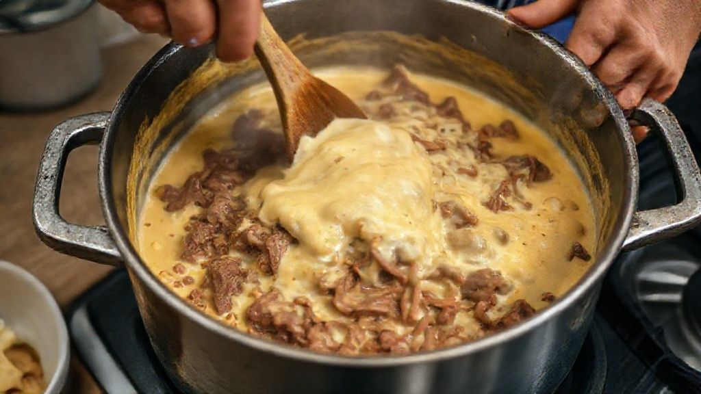 Mãos misturando o creme de mandioca com a carne seca em uma panela grande durante o preparo.