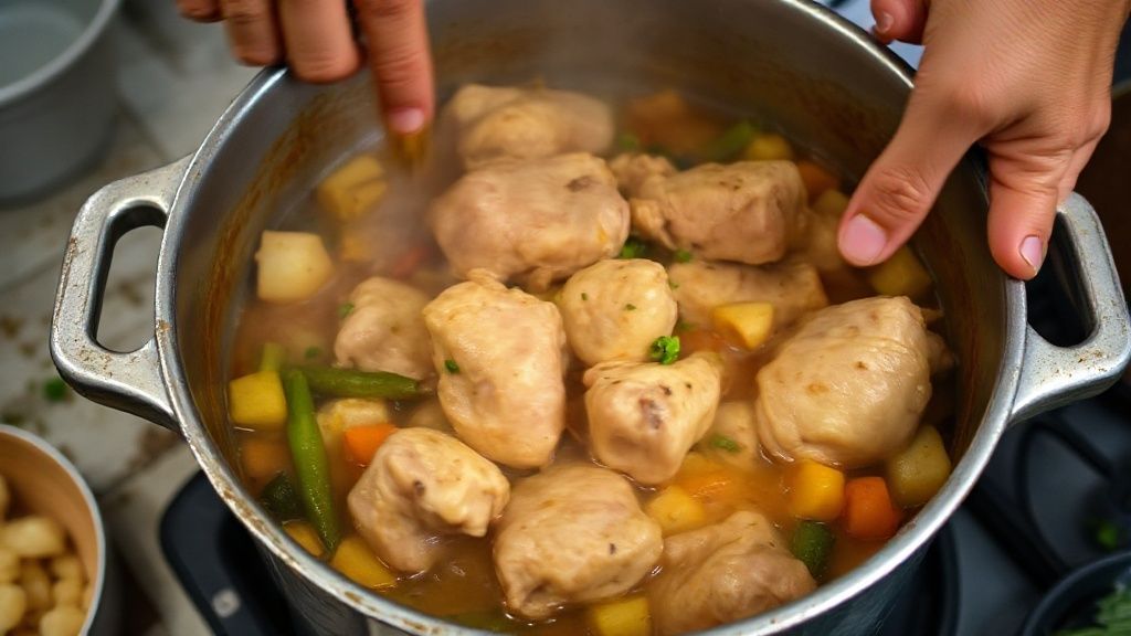 Mãos refogando frango e legumes em panela durante o preparo do bobó de frango com aipim