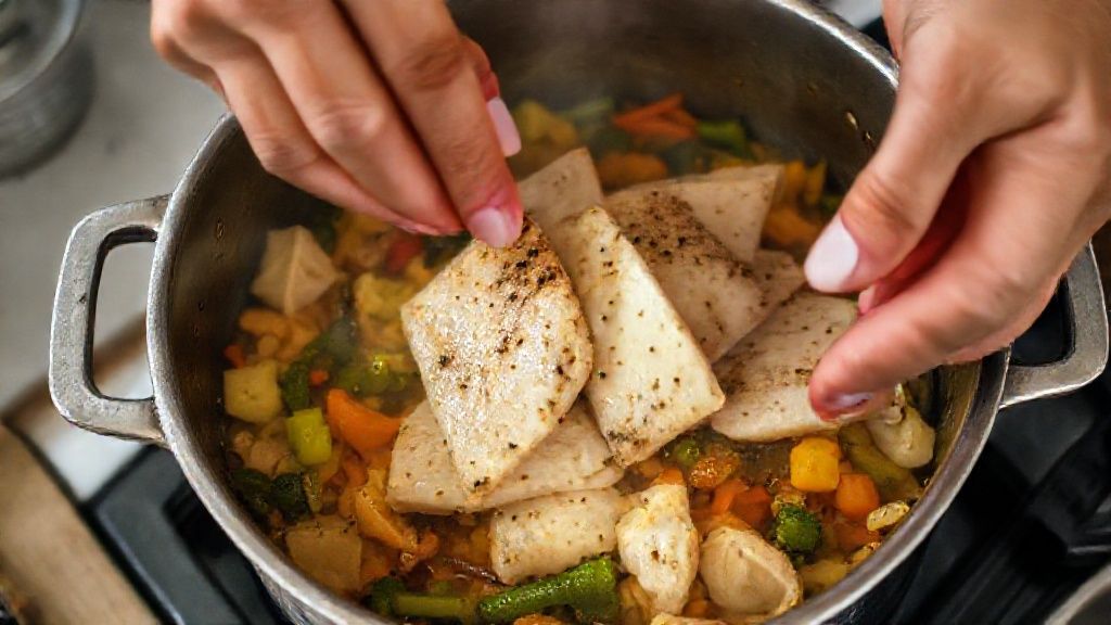 Mãos adicionando o peixe ao refogado na panela durante o preparo do bobó de tilápia
