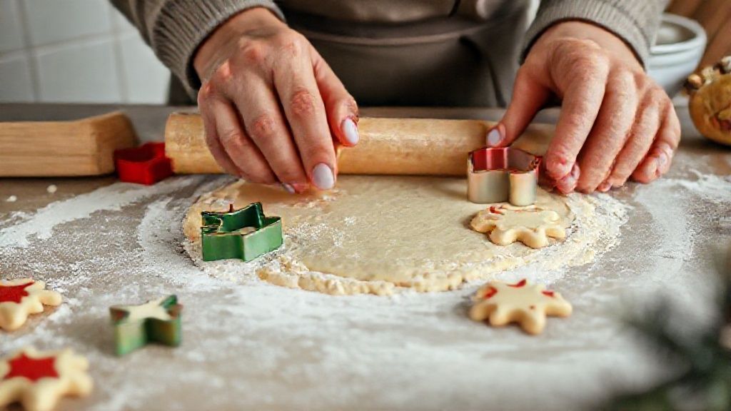 Mãos abrindo a massa e cortando as bolachas em formatos natalinos com cortadores