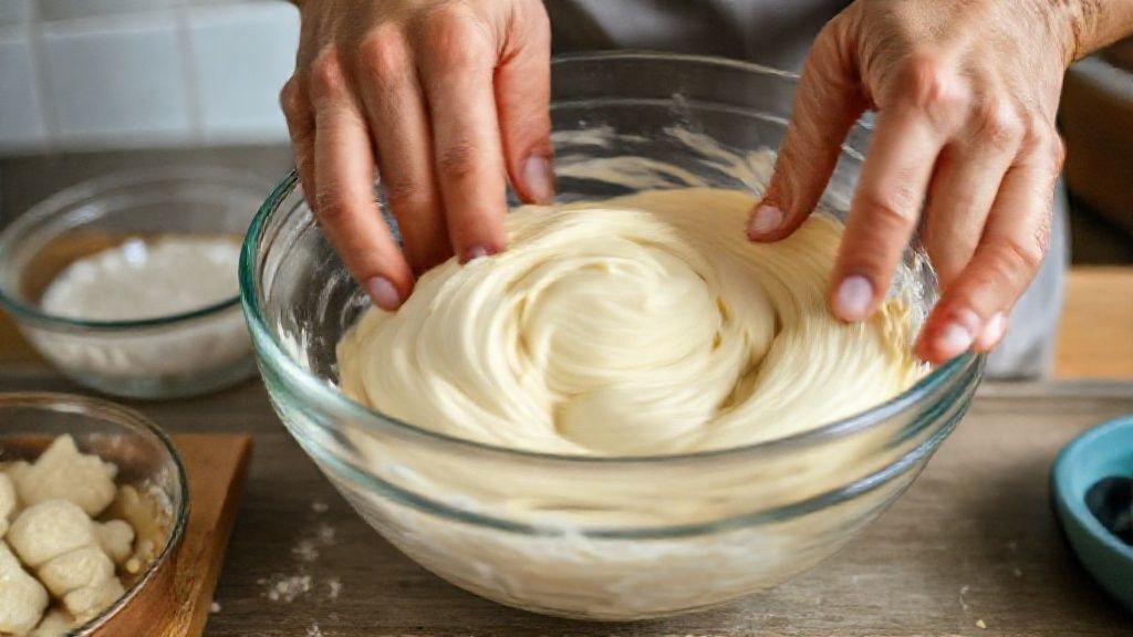 Mãos misturando a massa de bolinho de água em tigela de vidro durante o preparo