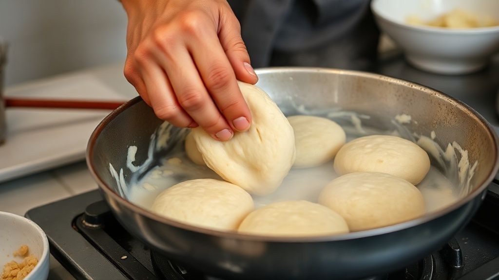 Mãos modelando bolinhos de arroz antes de fritar sobre bancada com tigela de massa ao fundo
