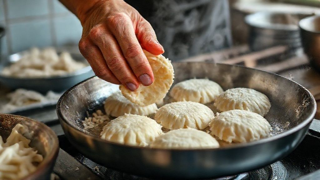 Mãos moldando os bolinhos antes da fritura, mostrando a textura perfeita da massa