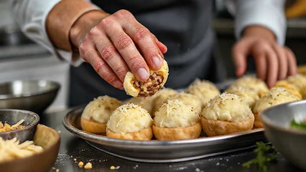 Mãos moldando bolinhos de batata recheados com queijo sobre uma bancada enfarinhada