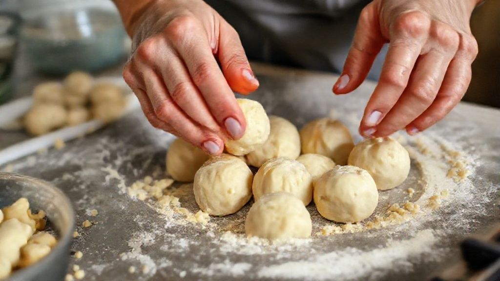 Mãos modelando os bolinhos de batata sobre bancada, prontos para serem levados ao forno