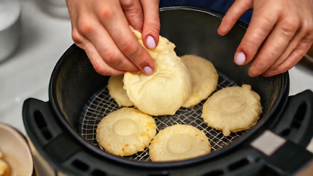 Mãos modelando os bolinhos e colocando na cesta da air fryer