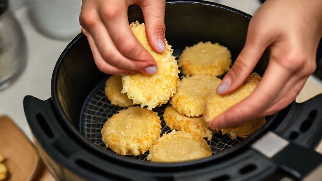 Mãos moldando os bolinhos e colocando na cesta da air fryer