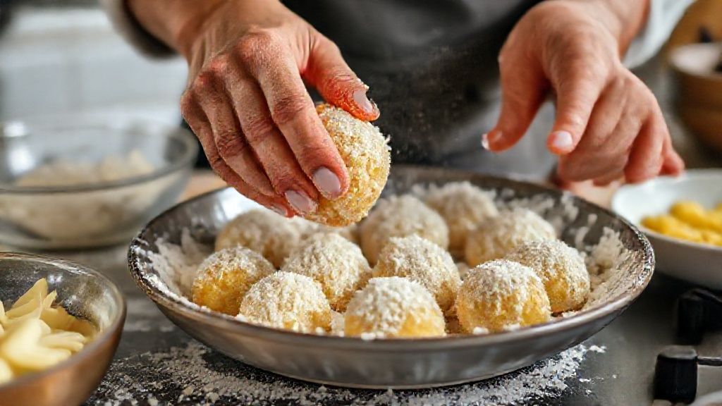 Mãos modelando e empanando bolinhos de mandioca antes de ir à air fryer
