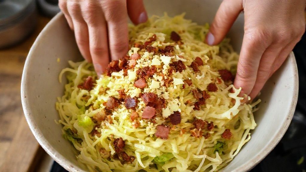 Mãos misturando repolho, queijo e bacon em uma tigela durante o preparo da massa.