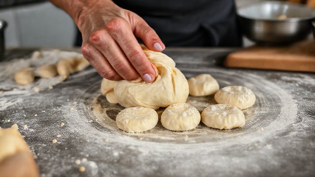 Mãos amassando e modelando a massa dos bolinhos antes de fritar, com utensílios de cozinha ao fundo.