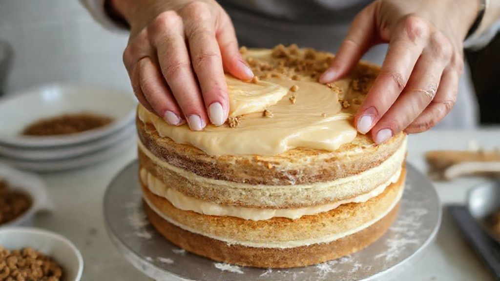Mãos espalhando o recheio cremoso de nozes e doce de leite entre camadas do bolo