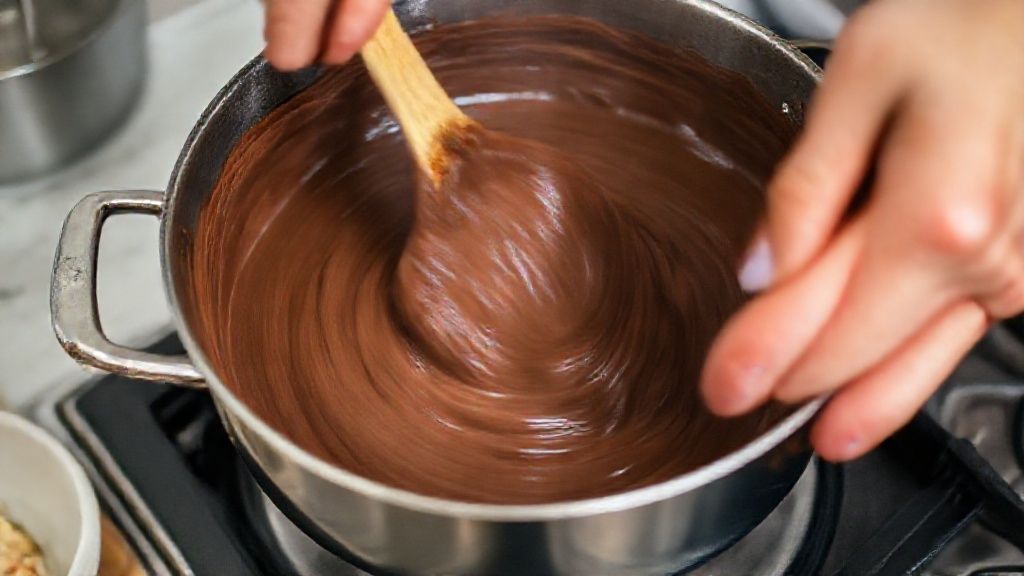 Mãos mexendo o brigadeiro cremoso na panela durante o preparo da cobertura