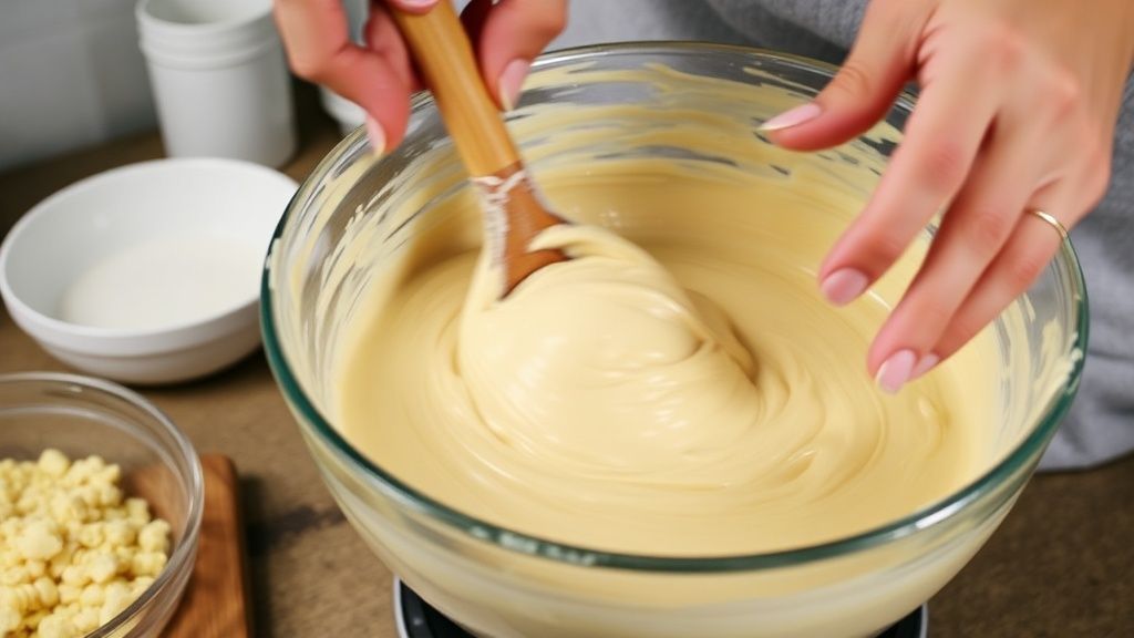 Mãos mexendo a massa do bolo em uma tigela, mostrando a textura cremosa