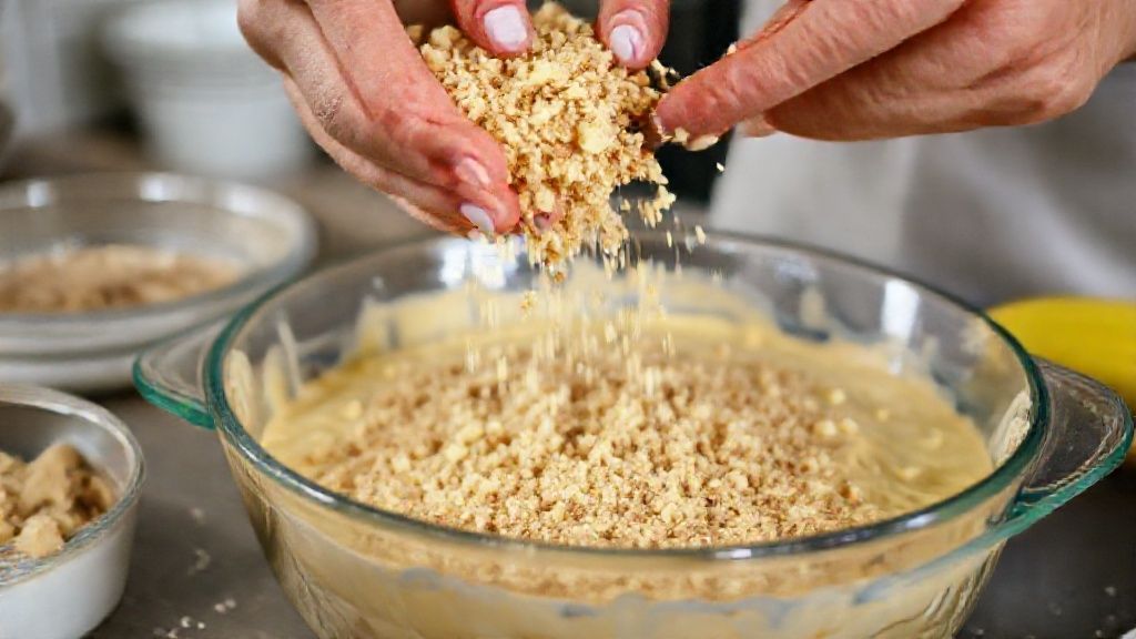 Mãos espalhando a farofa de canela sobre a massa e as bananas na forma antes de ir ao forno.