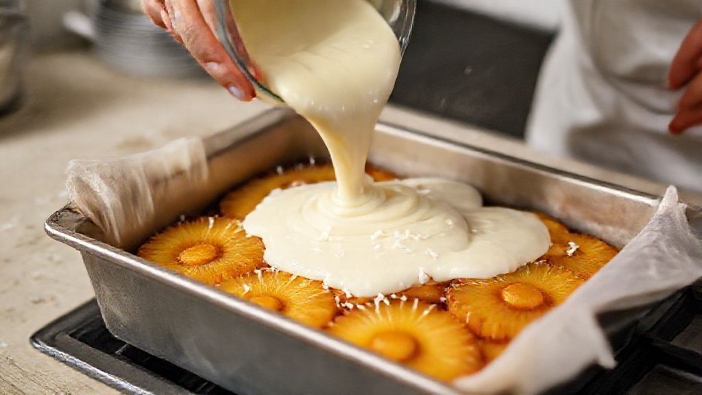 Mãos despejando a massa cremosa sobre as rodelas de abacaxi caramelizadas em uma forma retangular