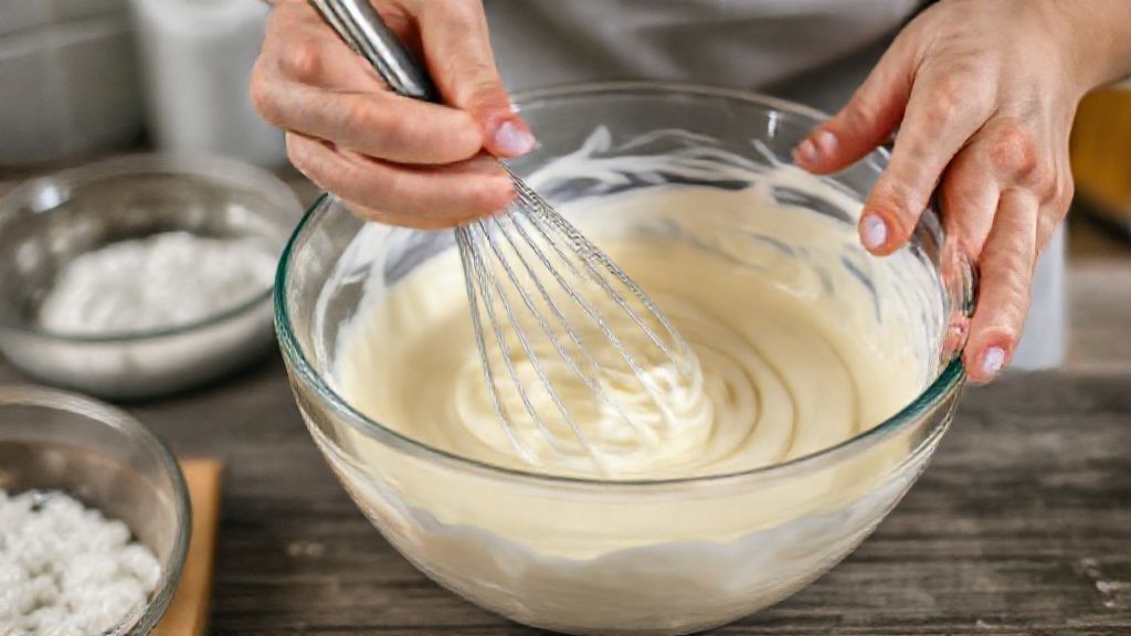 Mãos misturando os ingredientes líquidos e secos em tigela grande com fouet, em ambiente de cozinha caseira