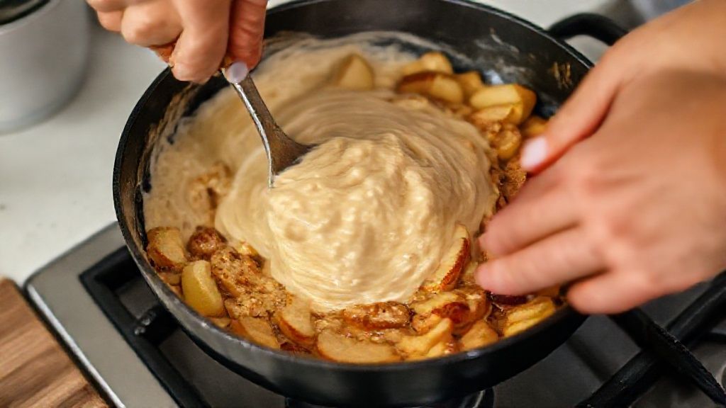 Mãos misturando a massa do bolo em tigela e caramelizando as maçãs em frigideira antiaderente