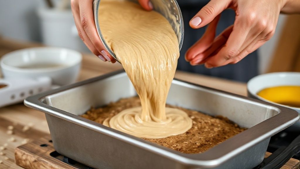 Mãos despejando a massa cremosa do bolo de banana em uma forma antes de assar.