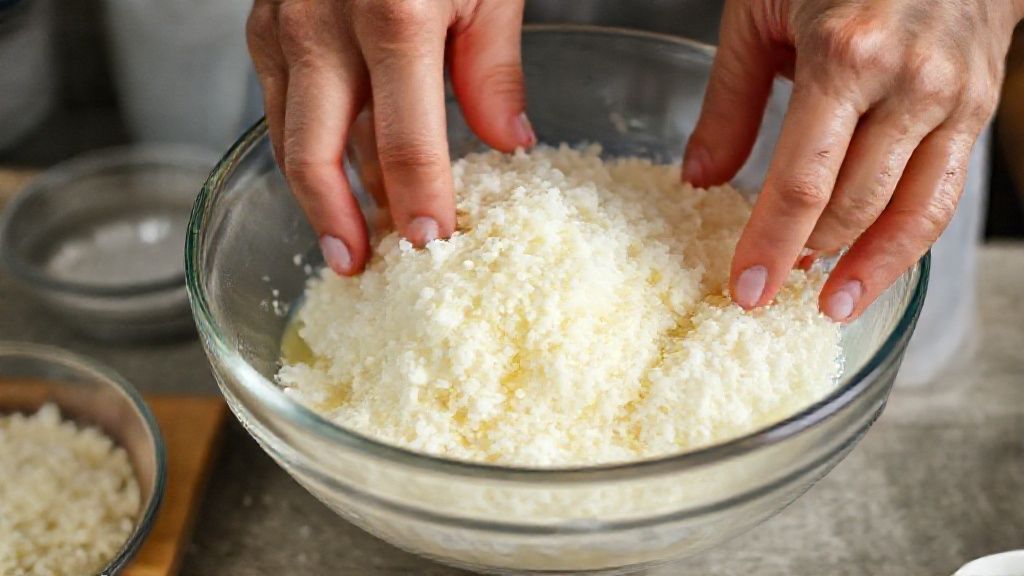 Mãos misturando a tapioca hidratada com os ingredientes úmidos em uma tigela de vidro