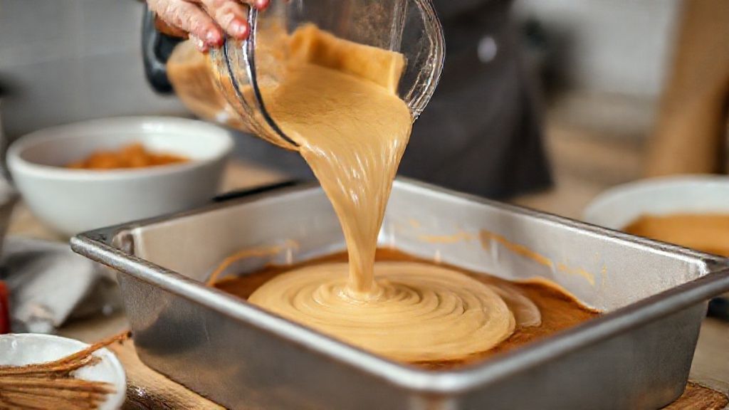 Mãos despejando a massa de cenoura batida do liquidificador para a forma untada