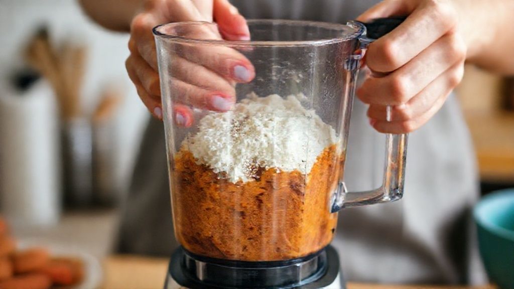 Mãos batendo a massa do bolo de cenoura no liquidificador durante o preparo