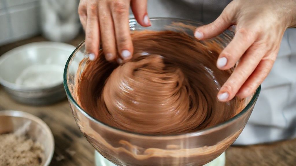 Mãos misturando a massa de bolo de chocolate em tigela grande durante o preparo