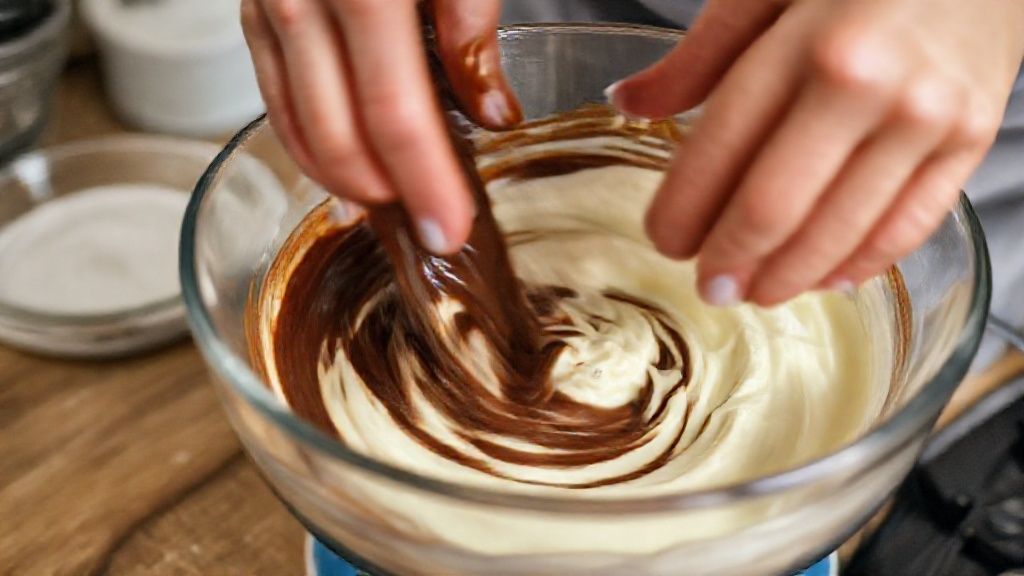 Mãos misturando o chocolate derretido com a mistura de ovos e açúcar em tigela de vidro