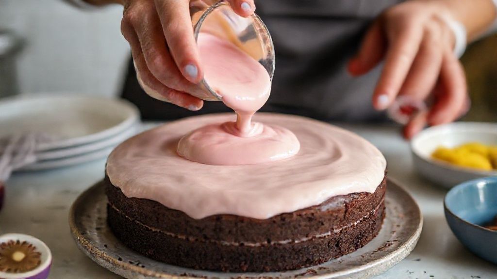 Mãos vertendo mousse de maracujá cremosa sobre um bolo de chocolate recém-desenformado.