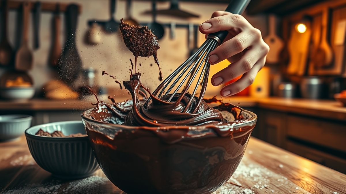 Mãos misturando os ingredientes da massa do bolo de chocolate com fouet em tigela grande