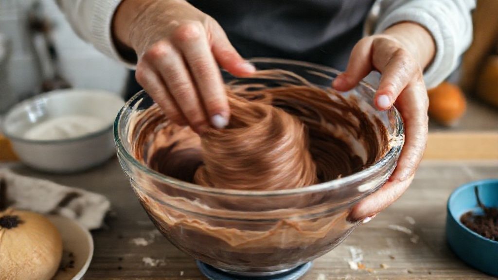 Mãos misturando a massa do bolo de chocolate em tigela durante o preparo.